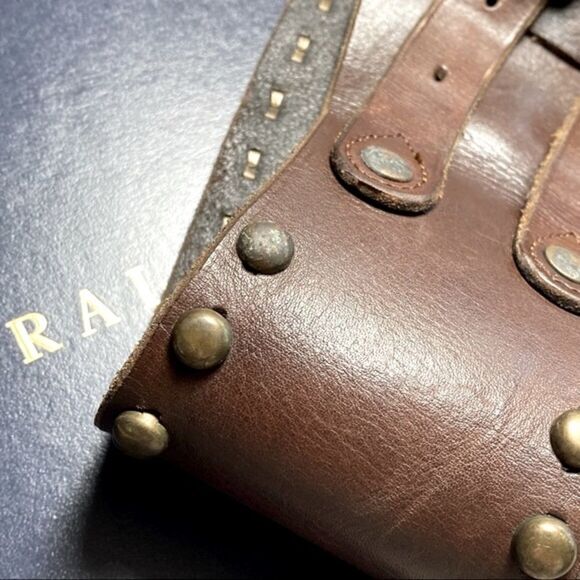 RRL * Distressed Brown Vachetta Leather Playing Card Brass Stud Kidney Belt - Picture 7 of 16